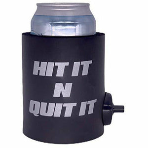 black thick foam can koozie with shotgun beer device and "hit it n quit it" text design in silver