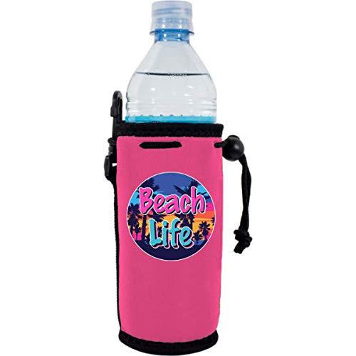 Hot pink water bottle koozie with beach life design