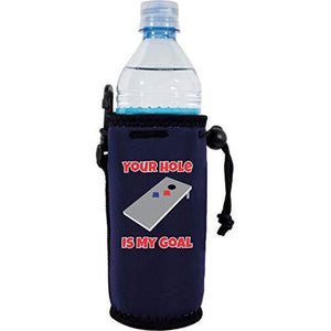 navy blue water bottle koozie with funny "your hole is my goal" text and cornhole board graphic design
