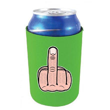 Load image into Gallery viewer, neon green can koozie with middle finger illustration design
