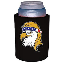 Load image into Gallery viewer, black thick foam old school can koozie with bald eagle with mullet hair funny design
