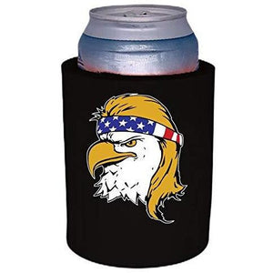 black thick foam old school can koozie with bald eagle with mullet hair funny design