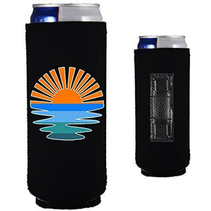 magnetic slim can koozie with retro sunset design 