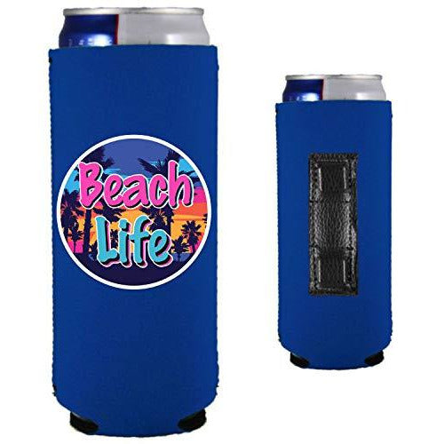 royal blue magnetic slim can koozie with beach life design