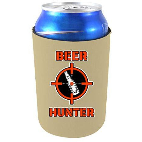 khaki can koozie with beer hunter text and target with beer bottle funny design