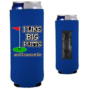 royal blue magnetic slim can koozie with i like big putts and I cannot lie funny golf design