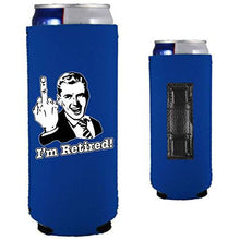 Load image into Gallery viewer, royal blue magnetic slim can koozie with funny i&#39;m retired middle finger design
