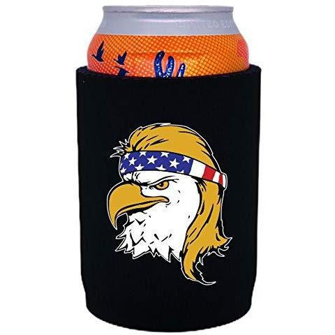 black thick neoprene can koozie with bald eagle with mullet hair funny design