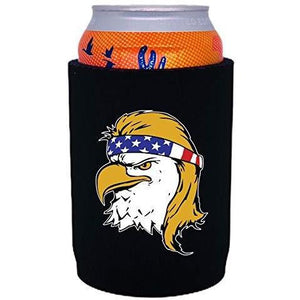 black thick neoprene can koozie with bald eagle with mullet hair funny design