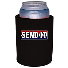 Load image into Gallery viewer, Black thick foam can koozie with “send it” text with red white and blue background design
