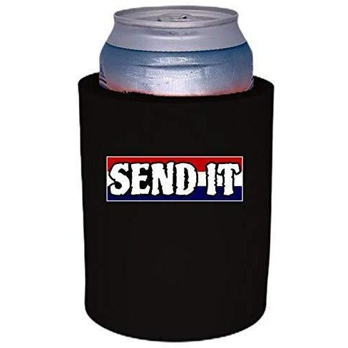 Black thick foam can koozie with “send it” text with red white and blue background design