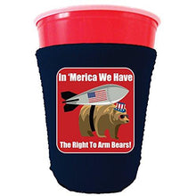 Load image into Gallery viewer, navy party cup koozie with in merica we have the right to arm bears design 
