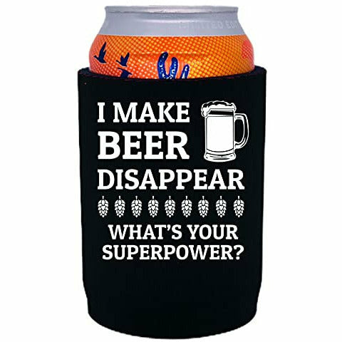12 oz full bottom can koozie with i make beer disappear