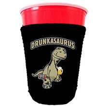 Load image into Gallery viewer, black party cup koozie with drunkasaurus design 
