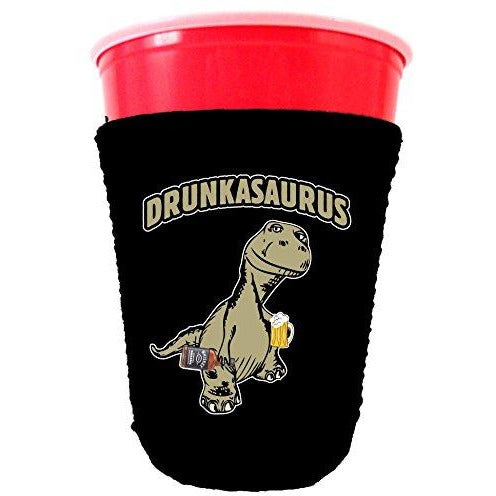 black party cup koozie with drunkasaurus design 