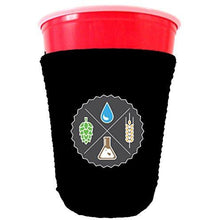 Load image into Gallery viewer, black party cup koozie with beer ingredients design 
