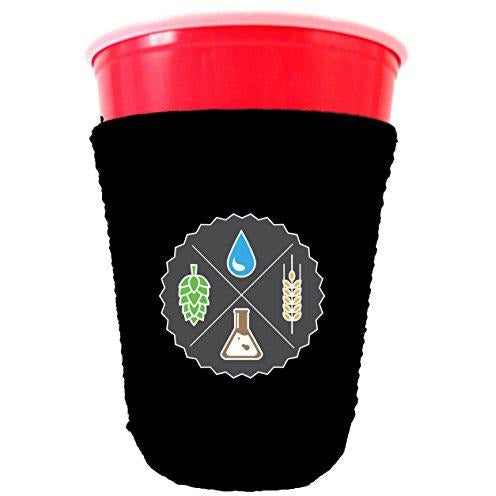 black party cup koozie with beer ingredients design 