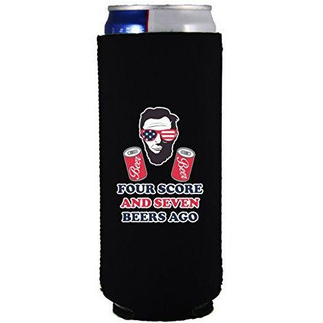 slim can koozie with four scores and seven beers ago design