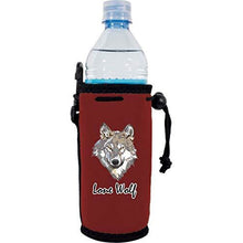 Load image into Gallery viewer, burgundy water bottle koozie with funny &quot;lone wolf&quot; text and wolf face graphic design

