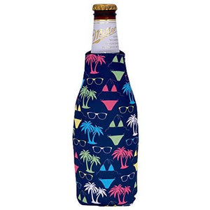 beer bottle koozie with bikini, sunglasses and palm trees pattern design