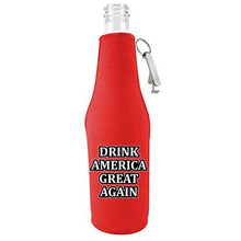 Load image into Gallery viewer, red zipper beer bottle koozie with opener and drink america great again design 
