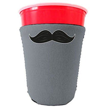 Load image into Gallery viewer, gray party cup koozie with mustache design 
