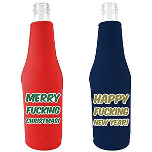 beer bottle koozies with "merry fucking christmas" and "happy fucking new year" funny text designs