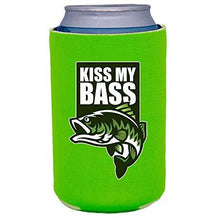 Load image into Gallery viewer, neon green magnetic can koozie with &quot;kiss my bass&quot; funny text and bass fish graphic
