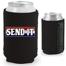 Load image into Gallery viewer, Black magnetic can koozie with “send it” text with red white and blue background design
