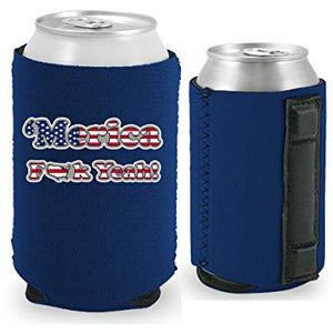 navy blue magnetic can koozie with merica fuck yeah design