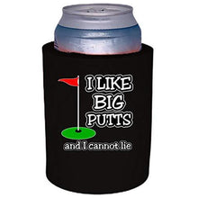 Load image into Gallery viewer, black old school thick foam koozie with i like big putts and i cannot lie design 
