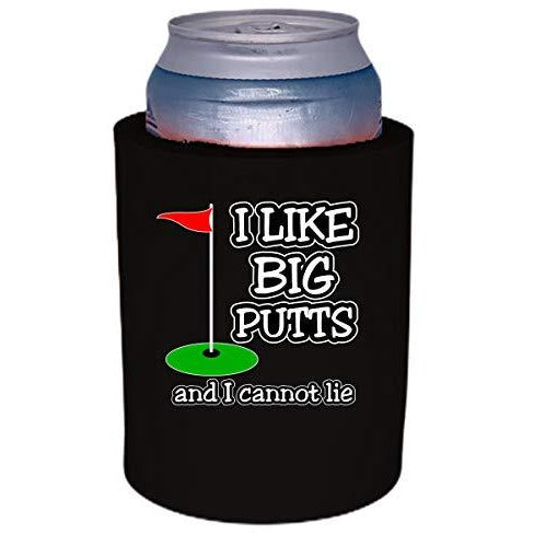 black old school thick foam koozie with i like big putts and i cannot lie design 
