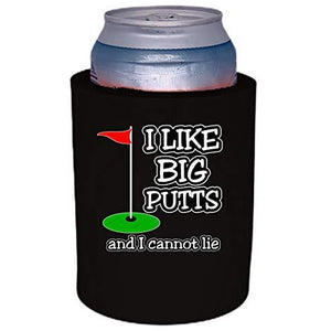 black old school thick foam koozie with i like big putts and i cannot lie design 
