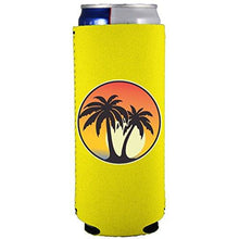 Load image into Gallery viewer, slim can koozie with palm tree sunset design
