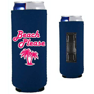 navy magnetic slim can koozie with beach please funny design