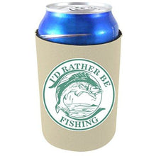 Load image into Gallery viewer, khaki can koozie with &quot;i&#39;d rather be fishing&quot; circular design with bass fish illustration in middle
