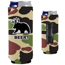 Load image into Gallery viewer, camo magnetic slim can koozie with funny beer bear design
