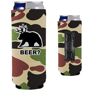 camo magnetic slim can koozie with funny beer bear design