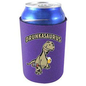 purple can koozie with "drunkasaurus" text and t-rex dinosaur illustration holding a beer and liquor bottle design