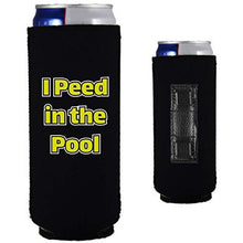 Load image into Gallery viewer, black magnetic slim can koozie with funny i peed in the pool text design
