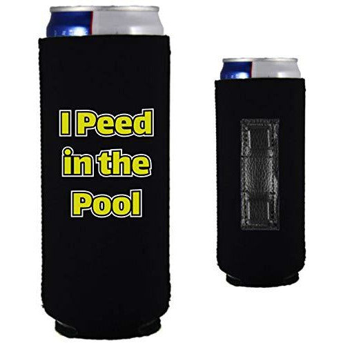 black magnetic slim can koozie with funny i peed in the pool text design