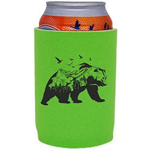 Load image into Gallery viewer, bright green full bottom can koozie with mountain bear graphic design
