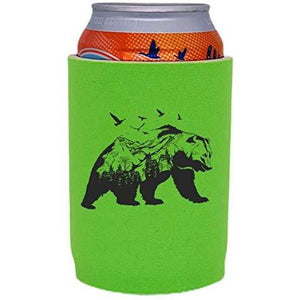 bright green full bottom can koozie with mountain bear graphic design