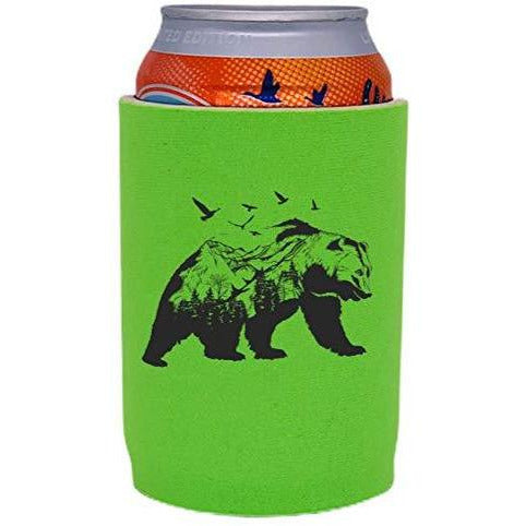 bright green full bottom can koozie with mountain bear graphic design