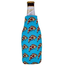 Load image into Gallery viewer, beer bottle koozie with pizza slices on light blue background all over print design
