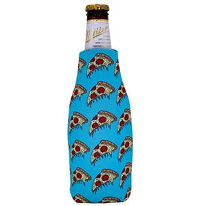 beer bottle koozie with pizza slices on light blue background all over print design