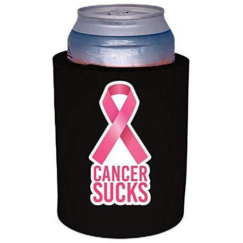 black thick foam can koozie with cancer sucks text and pink ribbon graphic