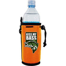 Load image into Gallery viewer, orange water bottle koozie with &quot;kiss my bass&quot; funny text and bass fish graphic design
