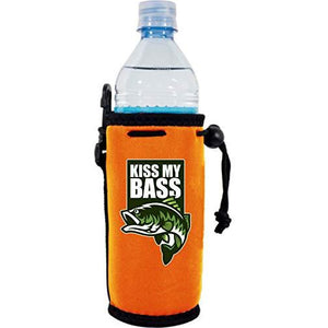 orange water bottle koozie with "kiss my bass" funny text and bass fish graphic design