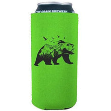Load image into Gallery viewer, bright green 16oz can koozie with mountain bear graphic design
